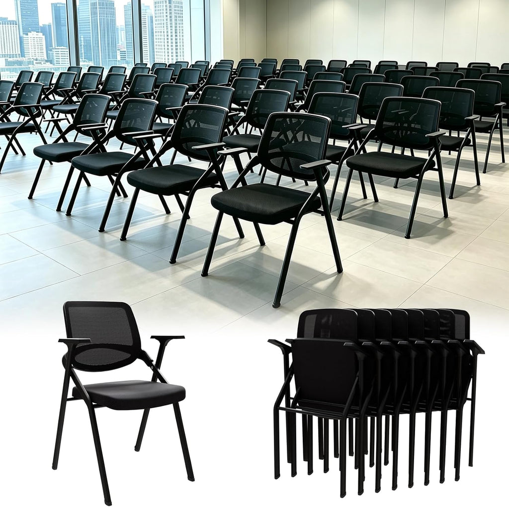4 Pack Folding Office Chair with Arms, Foldable Conference Room Chairs, Flip-Top Nesting Guest Reception Chair, Breathable Mesh Back Space-Saving Classroom Training Seating, Heavy Duty Fixed Base (8)