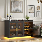 Loomie Wine Bar Cabinet with LED Lights, Floating Coffee Bar with Glass Rack and Removable Wine Racks, Modern Buffet Sideboard with Storage Shelves, Kithchen Bar with Glass Cabinet Doors, Black