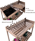 GUTINNEEN Potting Bench Garden Table for Plants Outside Outdoor Wooden Garden Work Bench with Sink Storage PVC Layer Drawer Shelf Hook for Gardening