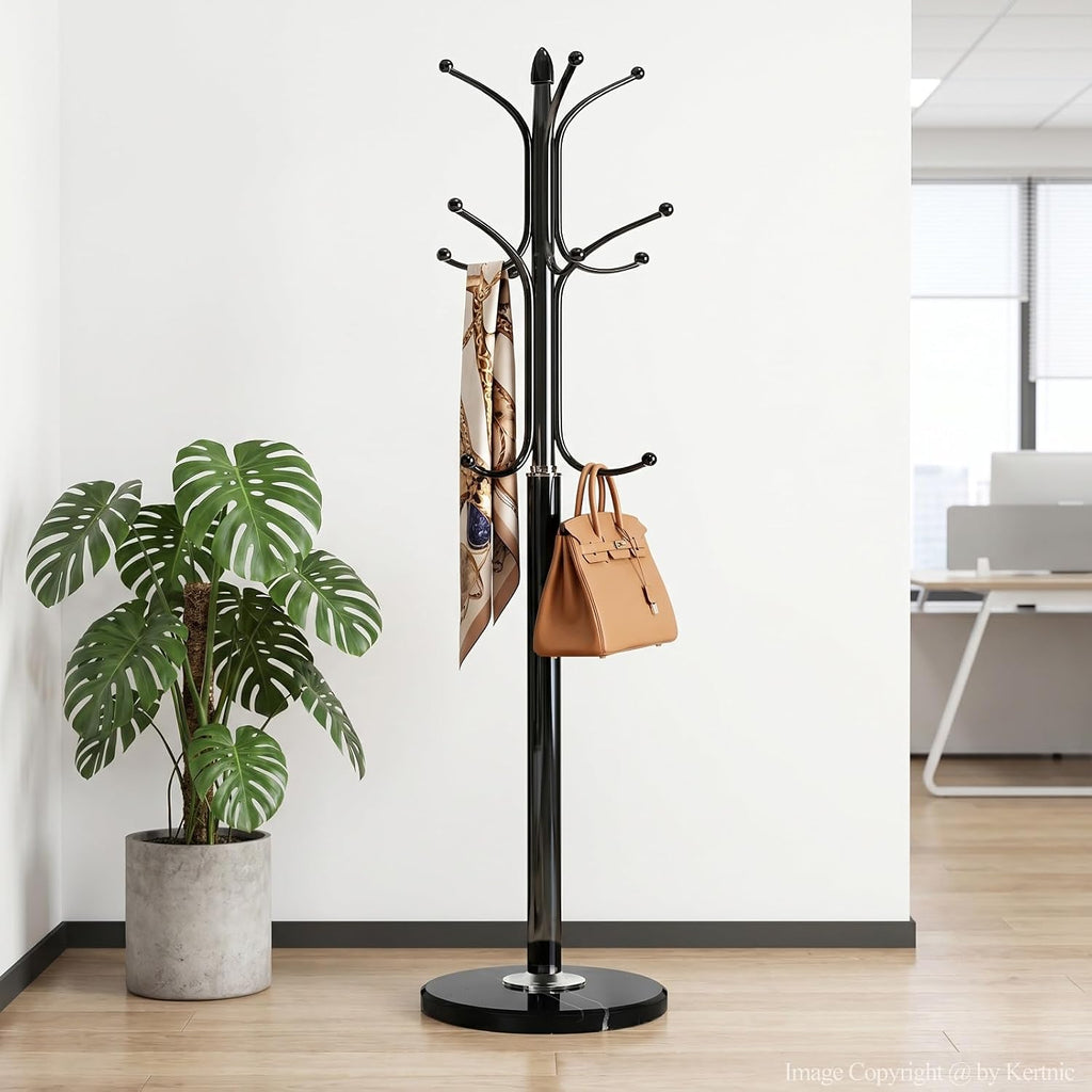 Kertnic Freestanding Coat Rack Stand, Heavy Duty Metal Hall Tree with 12 Hooks, 70 Inch Tall Stable Coat Hanger with 14.6" Natural Marble Base, Entryway Organizer for Coats Bags Hats Purses (Black)