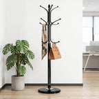 Kertnic Freestanding Coat Rack Stand, Heavy Duty Metal Hall Tree with 12 Hooks, 70 Inch Tall Stable Coat Hanger with 14.6" Natural Marble Base, Entryway Organizer for Coats Bags Hats Purses (Black)
