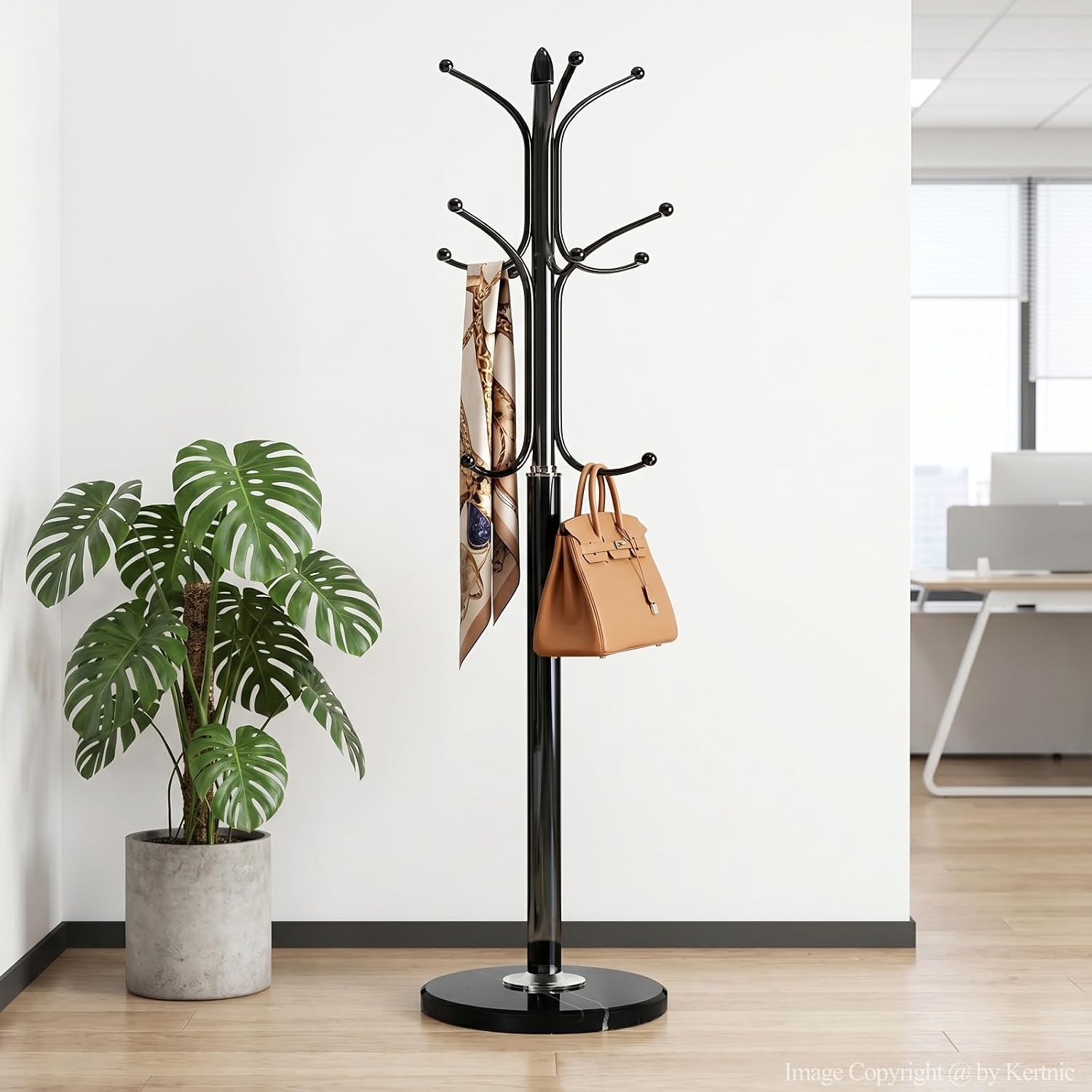Kertnic Freestanding Coat Rack Stand, Heavy Duty Metal Hall Tree with 12 Hooks, 70 Inch Tall Stable Coat Hanger with 14.6" Natural Marble Base, Entryway Organizer for Coats Bags Hats Purses (Black)