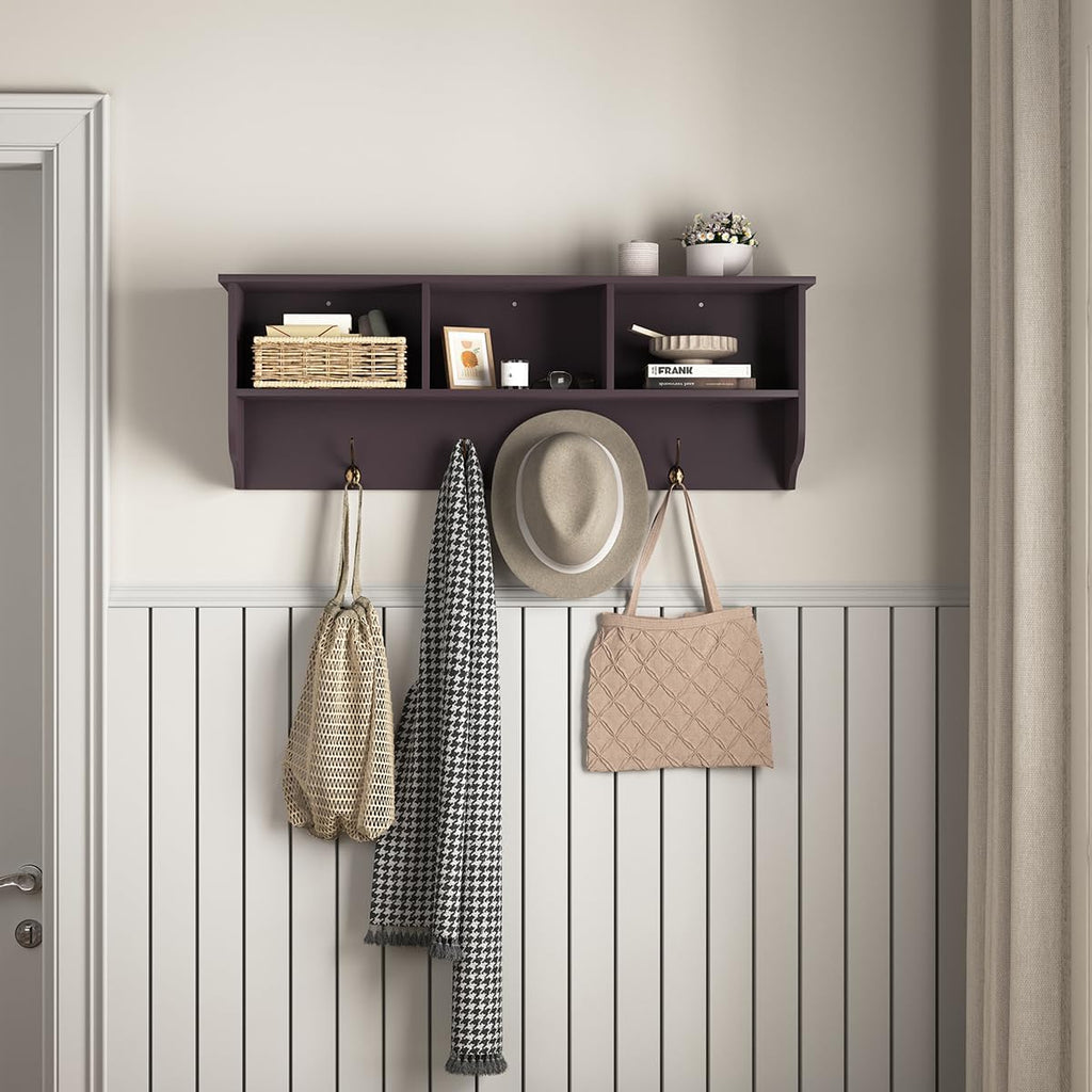 38.6inch Wall Mounted Entryway Coat Rack with Storage Shelf 4 Dual Hooks Wooden Storage Living Room Wall Cabinet with 3 Cubbies Space Saving Hanging Shelf for Hats Bags Coats (Espresso)
