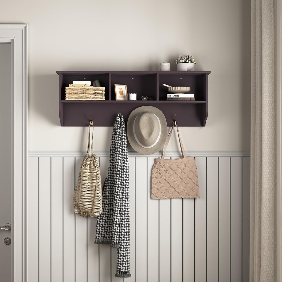 38.6inch Wall Mounted Entryway Coat Rack with Storage Shelf 4 Dual Hooks Wooden Storage Living Room Wall Cabinet with 3 Cubbies Space Saving Hanging Shelf for Hats Bags Coats (Espresso)