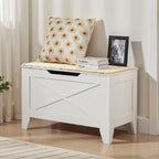 VECELO 30" Storage Chest with Lift Top Storage, Farmhouse Style Ottoman with Handwoven Wicker Cushion, Safety Hinges, Ideal for Entryway, Bedroom, Living Room, Ivory White