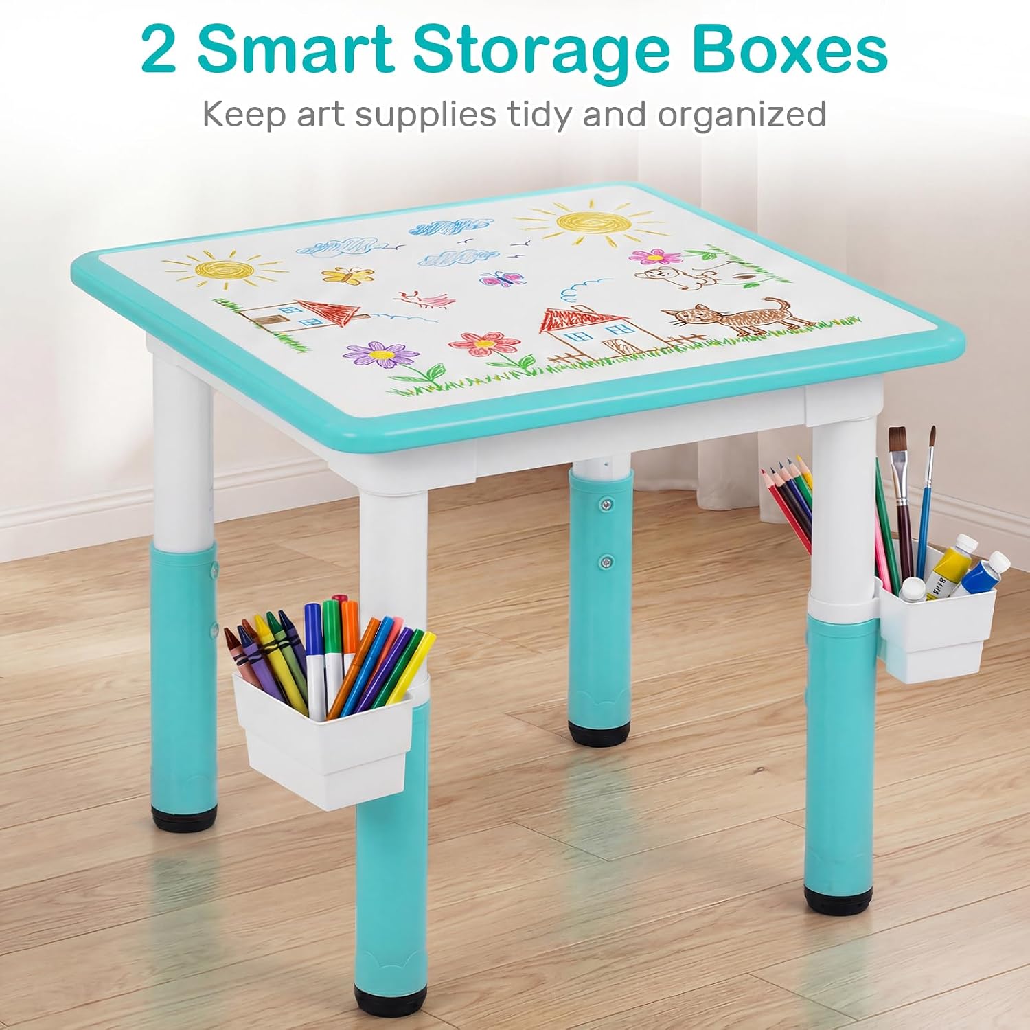 Olakids Kids Table and 2 Chair Set, Height Adjustable Toddler Activity Desk with Graffiti Desktop Storage Boxes, Children Furniture for Arts Crafts Learning Drawing (Light Green)