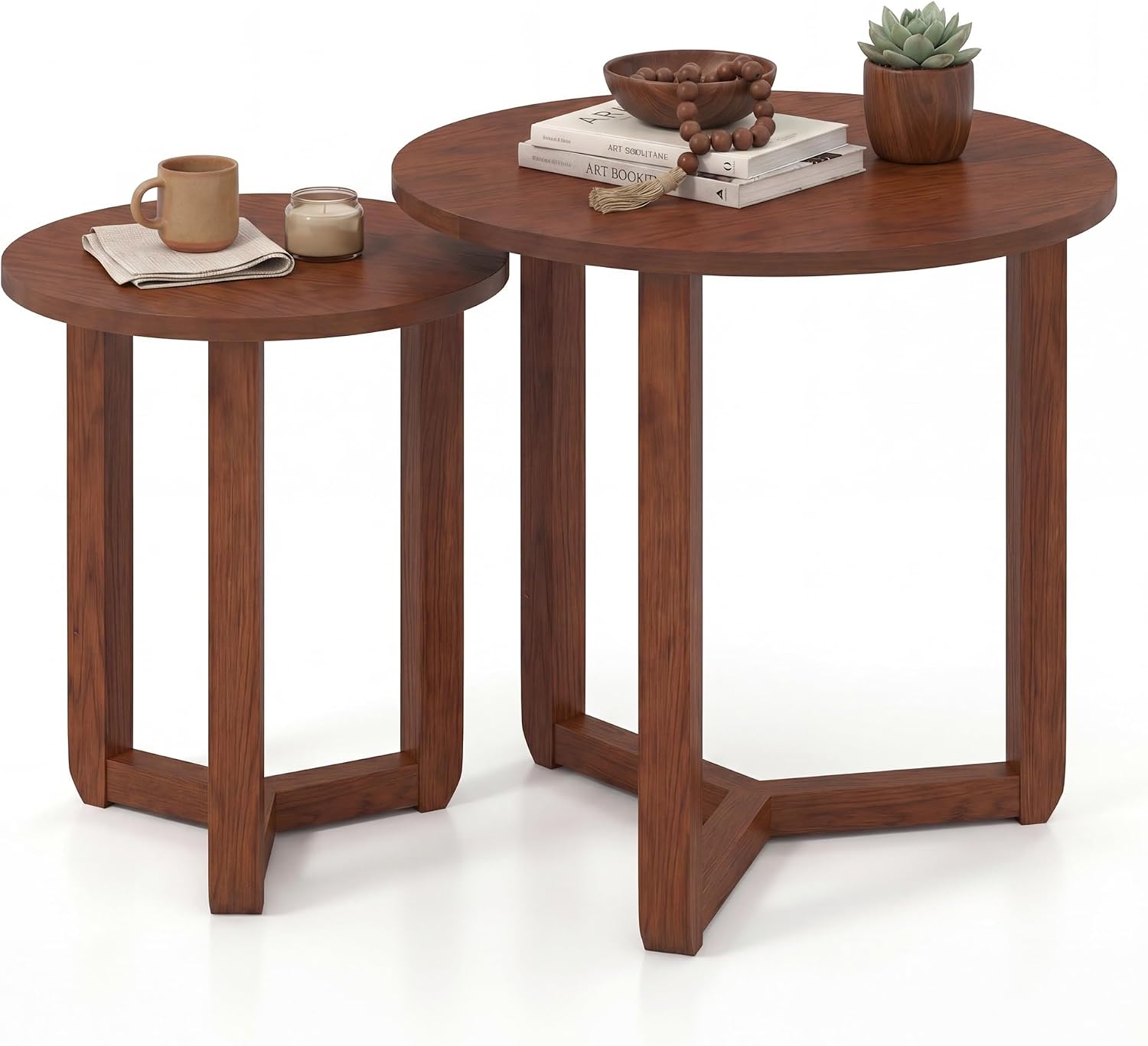 Tangkula Round Nesting Coffee Table Set of 2, Farmhouse End Tables with Solid Rubber Wood Tripod Legs, Compact Sofa Side Tables for Living Room Bedroom Small Spaces (Walnut)