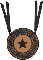 VHC Brands Farmhouse Star Primitive Chair Pad Seat Cushion, Round, Braided Jute, Black Tan, 15 inch, Set of 8