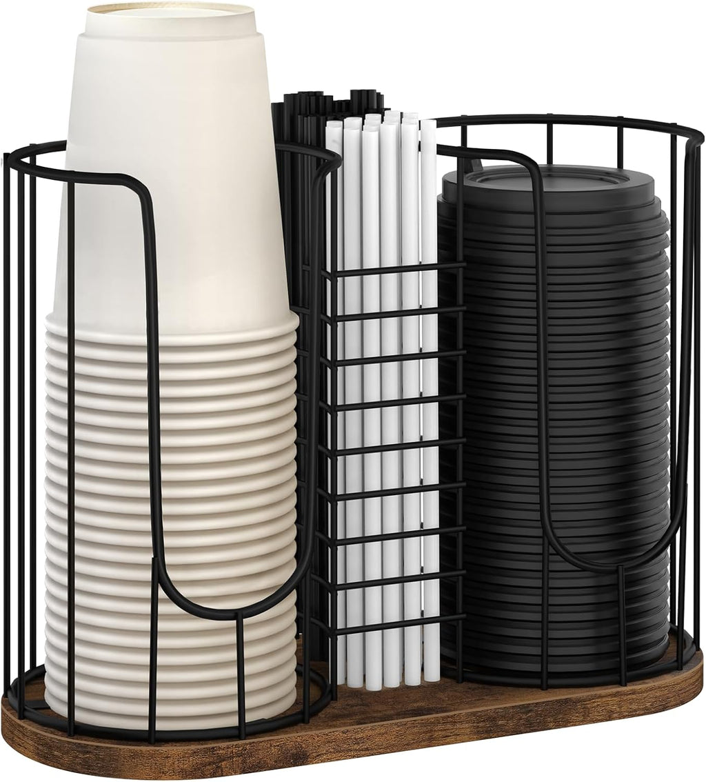 Coffee Cup Holder 18oz 3-Compartment Paper Cup Dispenser Rack with Wood Base - Disposable Cup, Straw & Lid Organizer 3-in-1 Storage for Countertop, Coffee Bar, Kitchen, Office