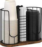 Coffee Cup Holder 18oz 3-Compartment Paper Cup Dispenser Rack with Wood Base - Disposable Cup, Straw & Lid Organizer 3-in-1 Storage for Countertop, Coffee Bar, Kitchen, Office