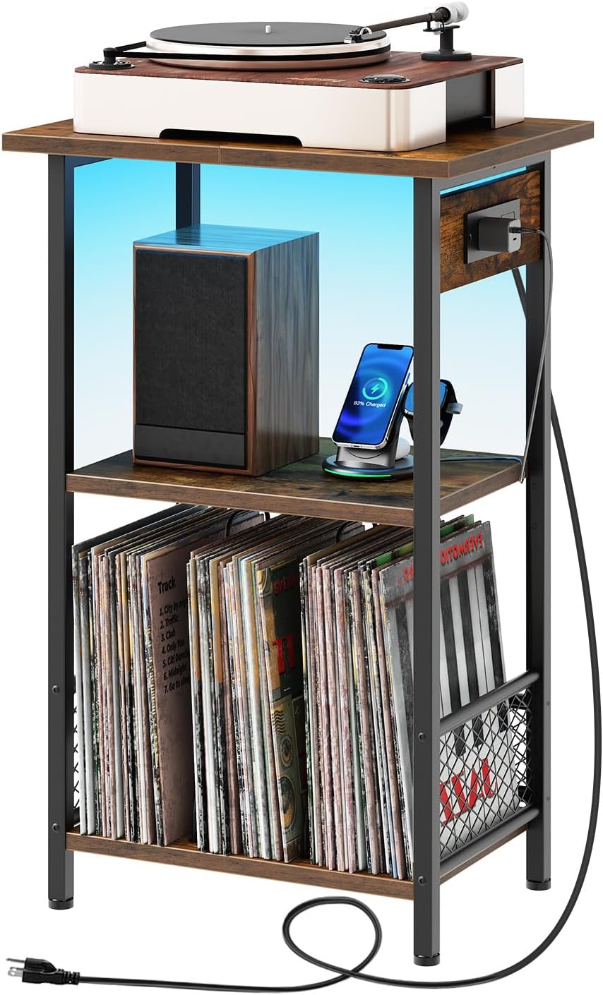 HOOBRO Record Player Stand with Charging Station and LED, Turntable Stand with Storage, 3 Tier End Table Hold Up to 100 Albums, Record Table for Vinyl, Living Room, Rustic Brown and Black BF06UDRS01