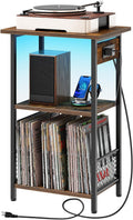 HOOBRO Record Player Stand with Charging Station and LED, Turntable Stand with Storage, 3 Tier End Table Hold Up to 100 Albums, Record Table for Vinyl, Living Room, Rustic Brown and Black BF06UDRS01