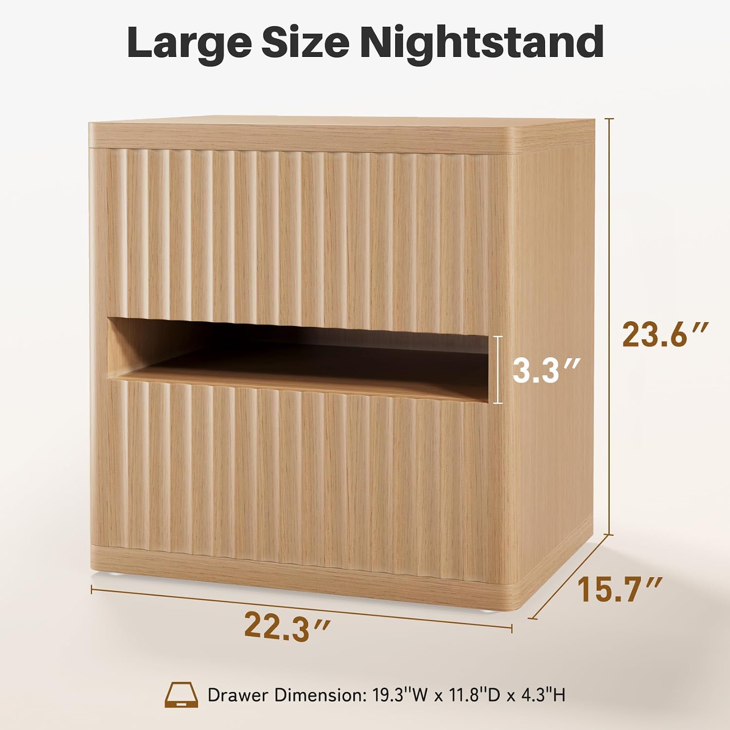 Dripex Fluted Nightstand Set of 2, 22'' Wide Night Stand with 2 Large Drawers, Mid Century Modern Wood Bedside Table with Open Shelf, Large Bed Side End Table for Bedroom, Natural Oak | 22'' Wide Fluted Nightstand, Mid Century Modern Wood Bedside Table