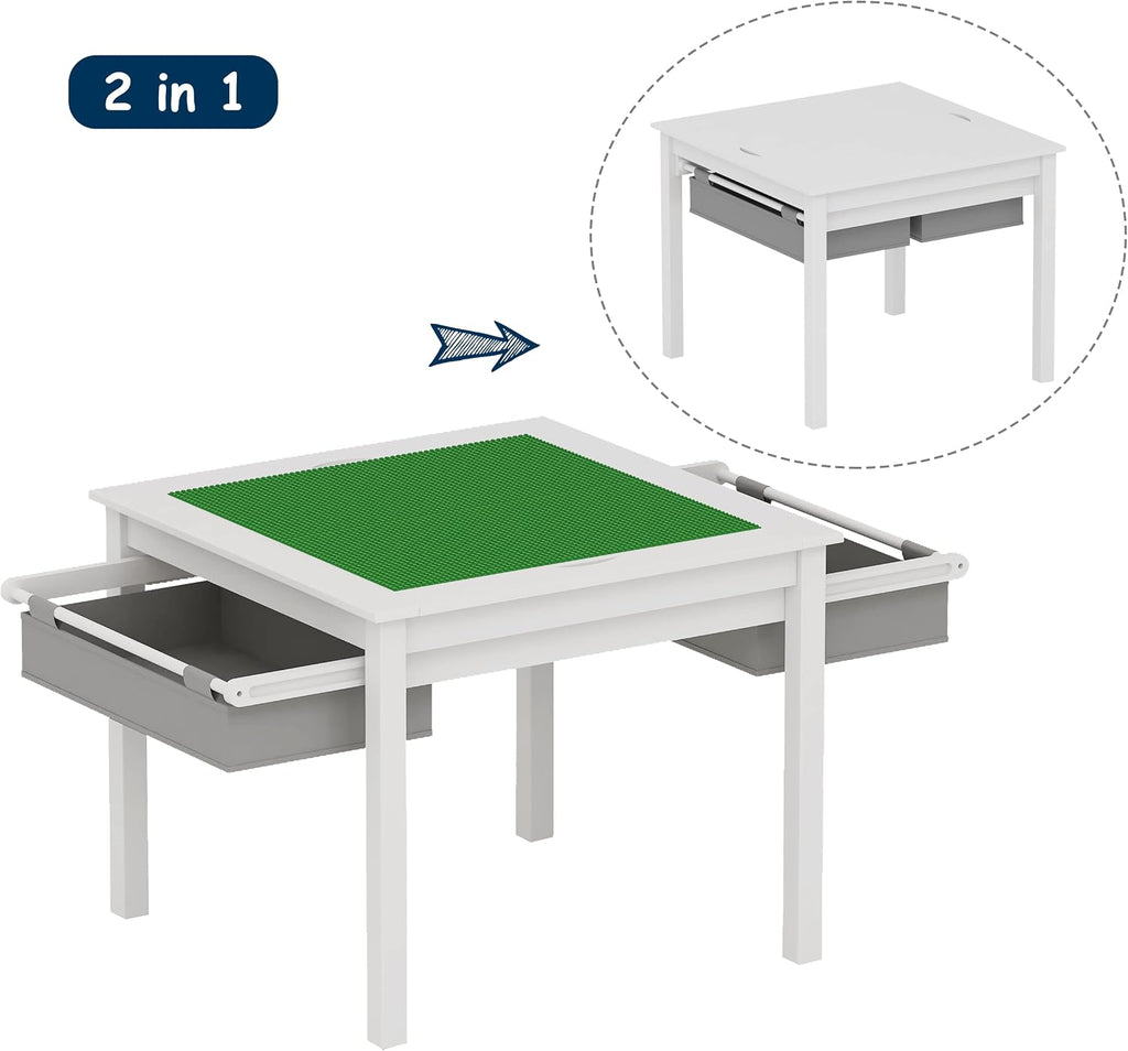 UTEX 2 in 1 Kids Construction Play Table with Storage Drawers and Built in Plate (White)