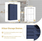 71.3'' Tall Wood Kitchen Pantry, Farmhouse Food Pantry Cabinet with 8 Door Shelves / 2 Drawers, Freestanding Large Cupboard with Adjustable Shelves for Kitchen Dining Room, Blue