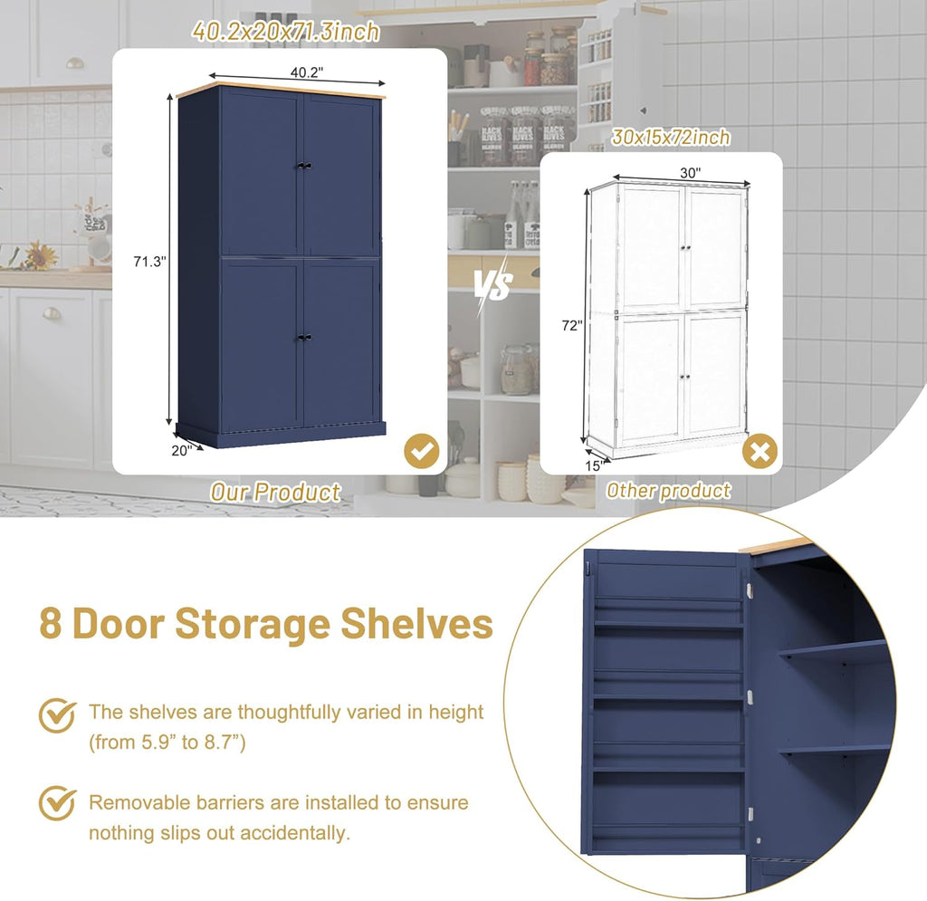 LUMISOL 71" Tall Kitchen Pantry Storage Cabinet with Doors and Shelves, Wood Farmhouse Freestanding Storage Cabinets with Drawers and Adjustable Shelves for Kitchen Storage, Blue