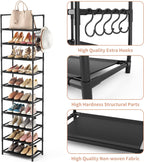 LANTEFUL 10 Tiers Tall Shoe Rack 20-25 Pairs Boots Organizer Storage Sturdy Narrow Shoe Shelf for Entryway, Closets with Hooks, Black