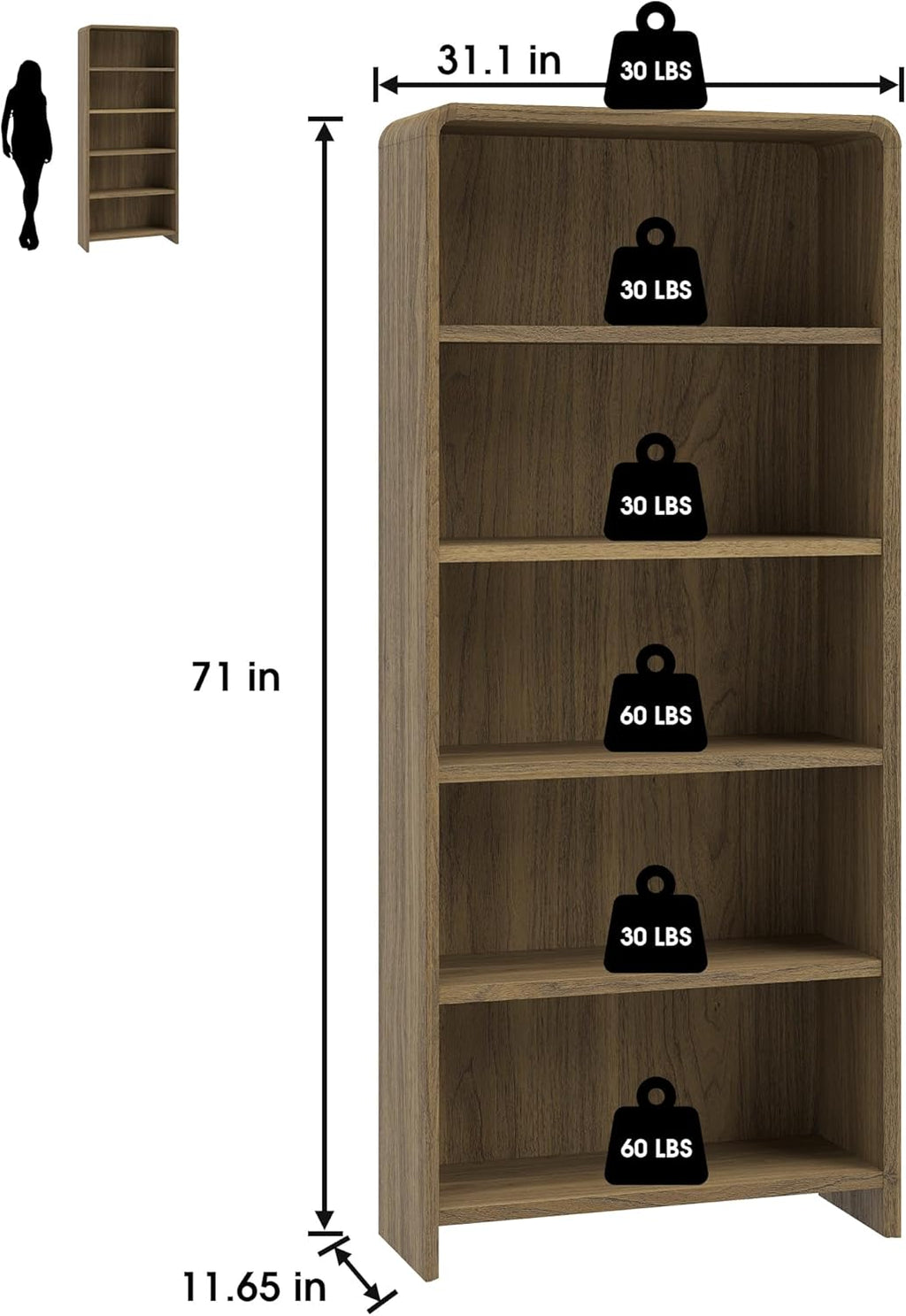 Bevfint 71" Bookcase Tall 5 Shelves Wood Bookshelf with Curved Soft Edges, Heavy Duty Modern Storage Cabinet for Professional Home Office and Living Room, Walnut Grain Finish