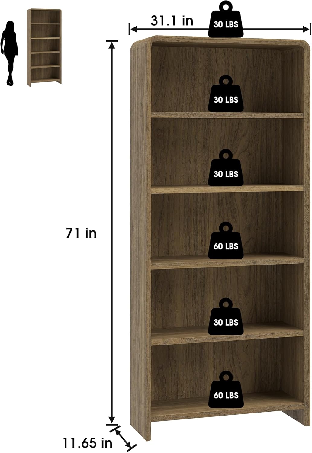 Bevfint 71" Bookcase Tall 5 Shelves Wood Bookshelf with Curved Soft Edges, Heavy Duty Modern Storage Cabinet for Professional Home Office and Living Room, Walnut Grain Finish