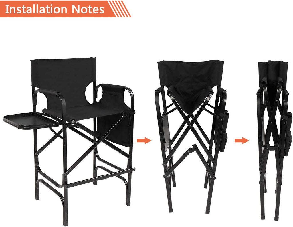 mefeir 30" Tall Directors Chair Black Folding with Side Table Storage Bag,Portable Makeup Artist Bar Height, Aluminum Frame 300 lbs Capacity, 19.2" D x 23.6" W x 45.6" H