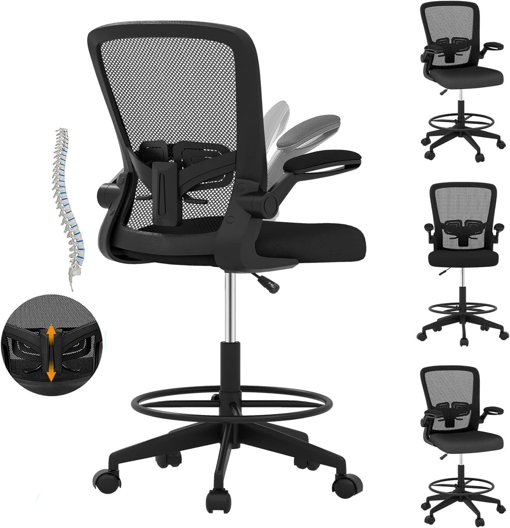 POWERSTONE Drafting Chair, Ergonomic Tall Office Chair for Standing Desk with 3IN Thick Cushion, Flip-up Arm, Adjustable Back Support & Footrest Workbench Rolling Stool Computer Chair (Black 1PCS)