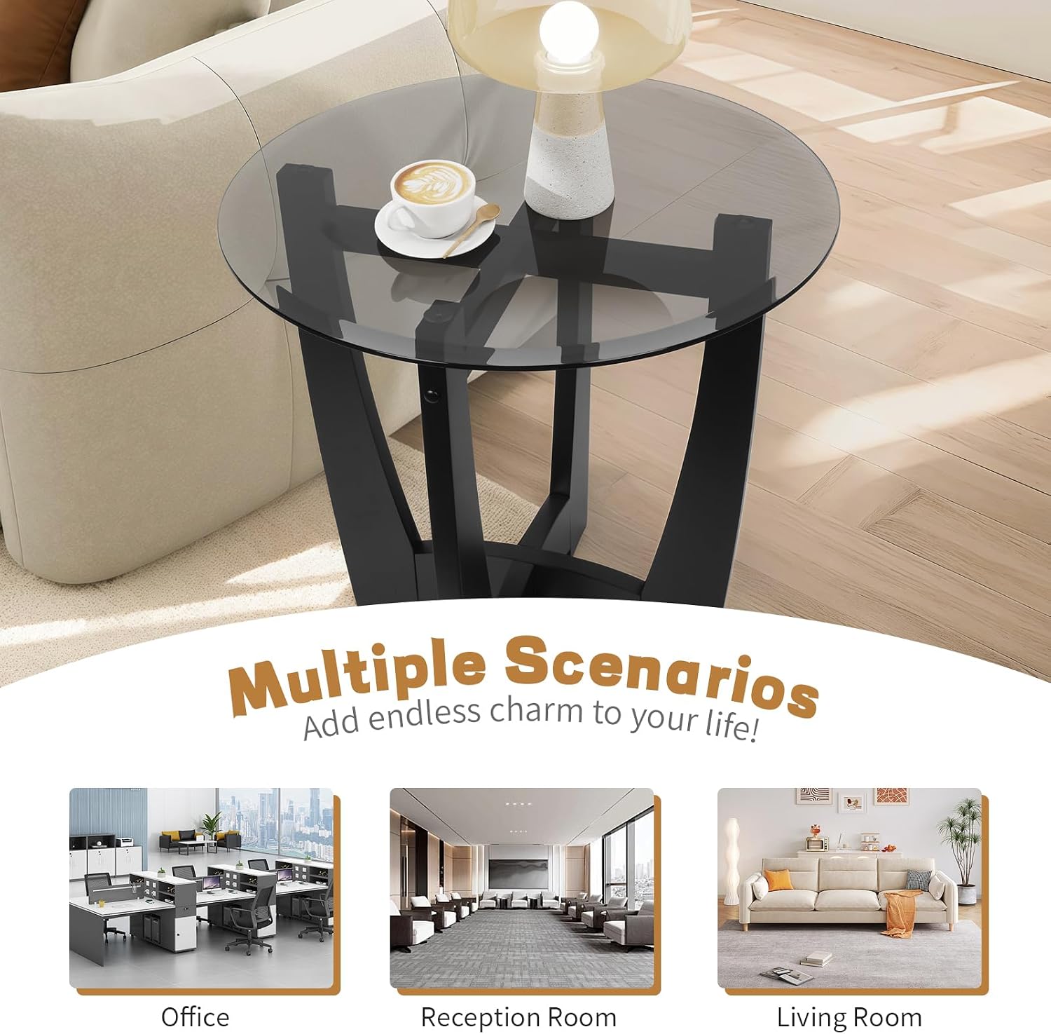 LKTART Glass End Table, 23.5" Round Side Tables with Black Tempered Glass Top Cross and Solid Wood Base Small Night Stand for Living Room Office Apartment Black