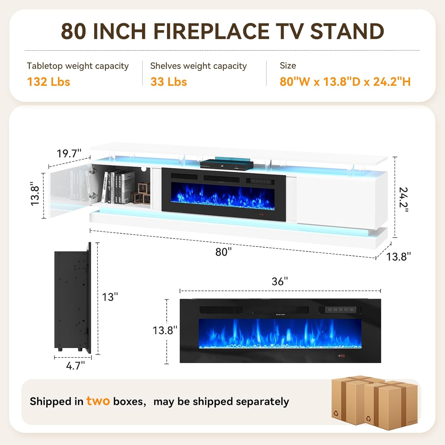 80" Modern Fireplace TV Stand for TVs up to 90", White Entertainment Center with Black Electric Fireplace,Storage Cabinets&Adjustable LED Light, Media Console for Living Room