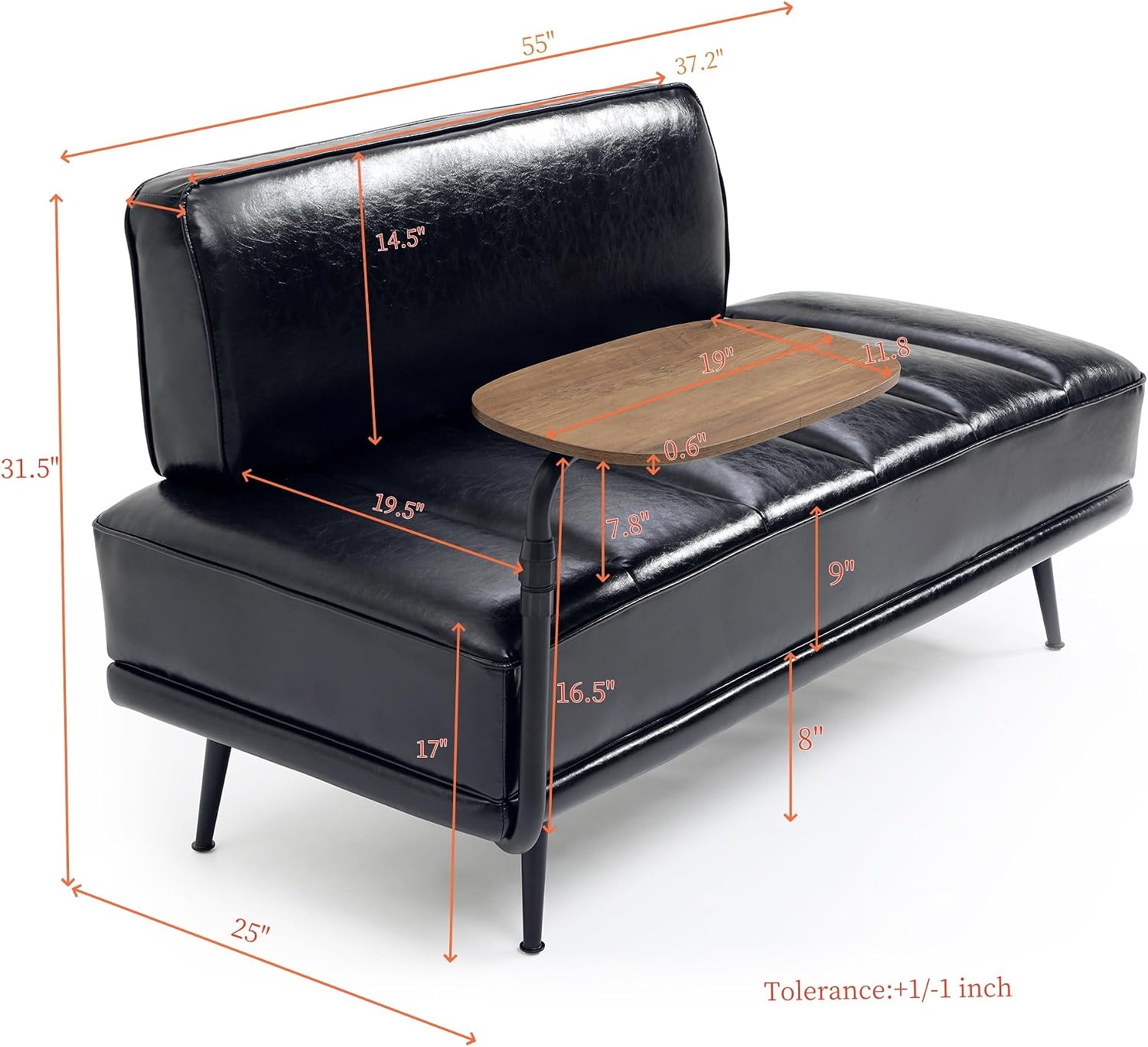 55" Modern Upholstered Bedroom Bench with Side Table - 360° Rotating Tray, PU Leather Cushion, Metal Legs for Living Room & Entryway (Black)