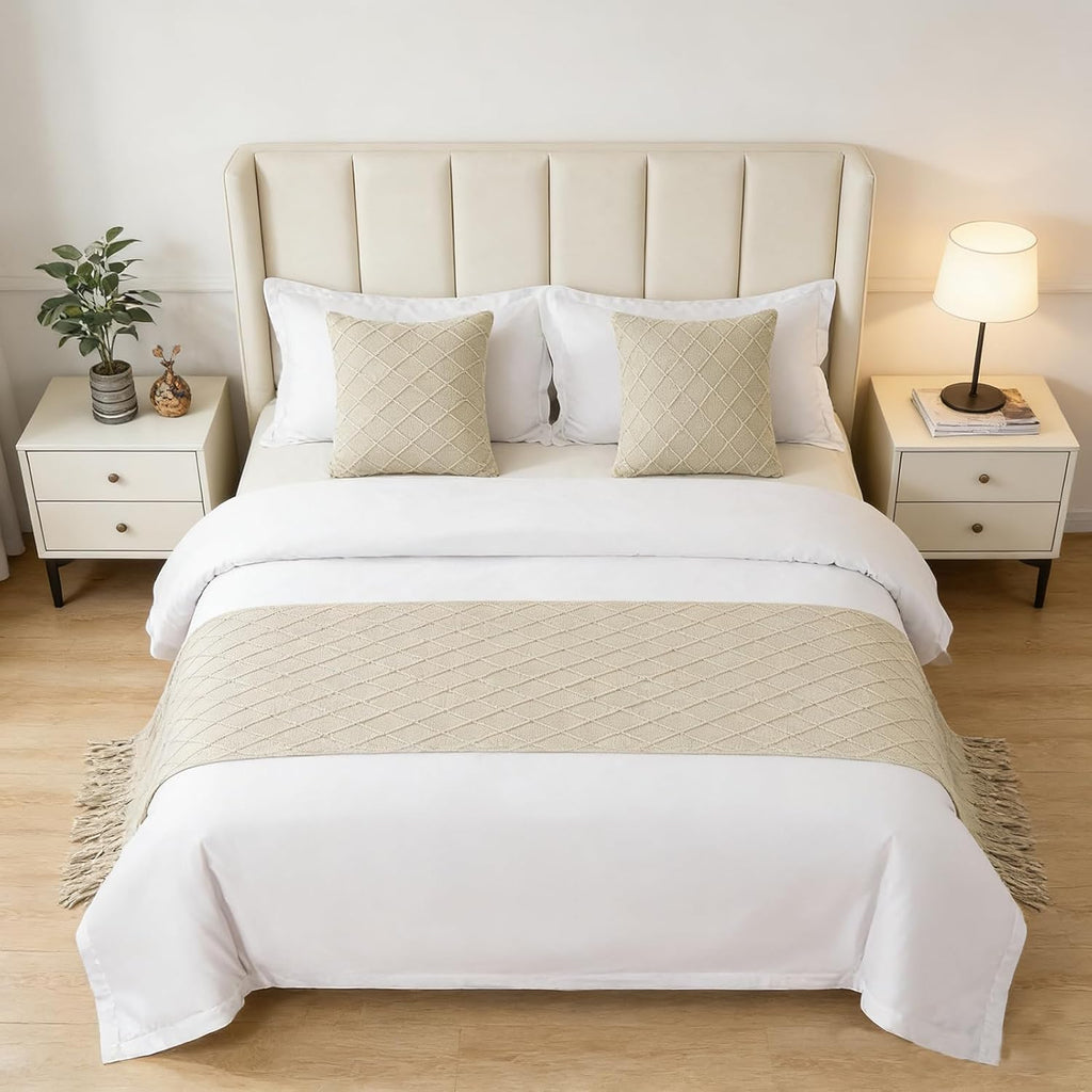 Geometry Bed Runners for King & Queen SizeBed Solid Beige Bed Scarf with Tassel Boho Knit BedRunner Scarves Decorative for Bedroom Home Hotel (102 x 24 Inches, 1 Piece)