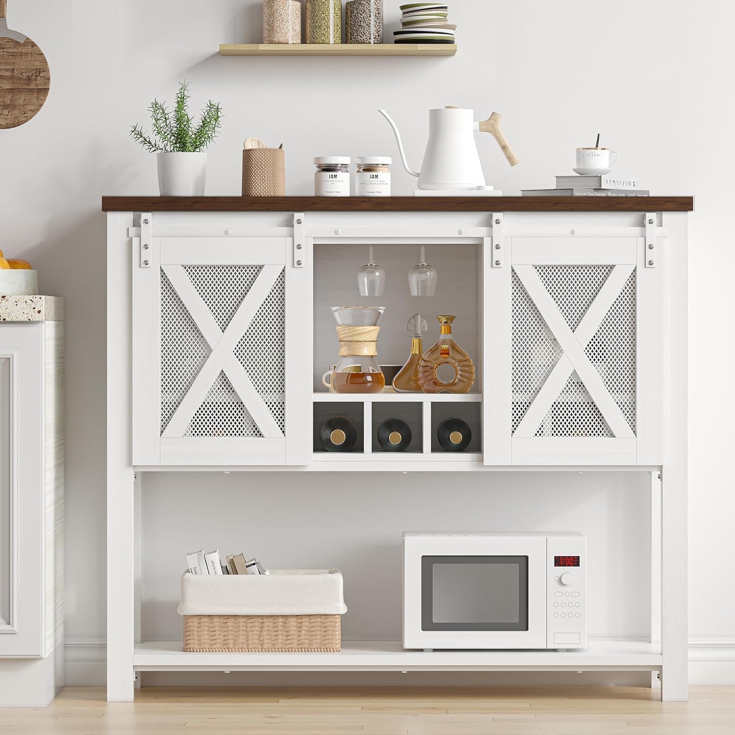 Garvee Wine Bar Cabinet with Storage - Sliding Barn Door Kitchen Buffet, Wood Sideboard Console with Wine Rack & Glass Holder for Living & Dining Room as a Coffee Bar, White