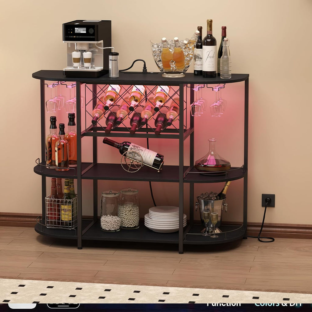 ZOPEND Wine Cabinet Coffee Table with Power Socket and LED Light, Three Tiers Coffee Bar Table Wine Rack Liqour Bar with Large Storage for Home Kitchen (Black)