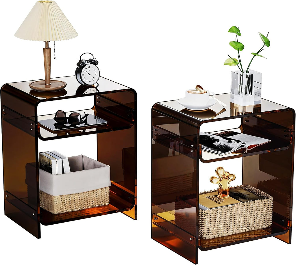 Acrylic End Table Record Player Table with Storage Shelf Clear Side Table Nightstand (Dark Brown Set of 2)