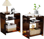 Acrylic End Table Record Player Table with Storage Shelf Clear Side Table Nightstand (Dark Brown Set of 2)