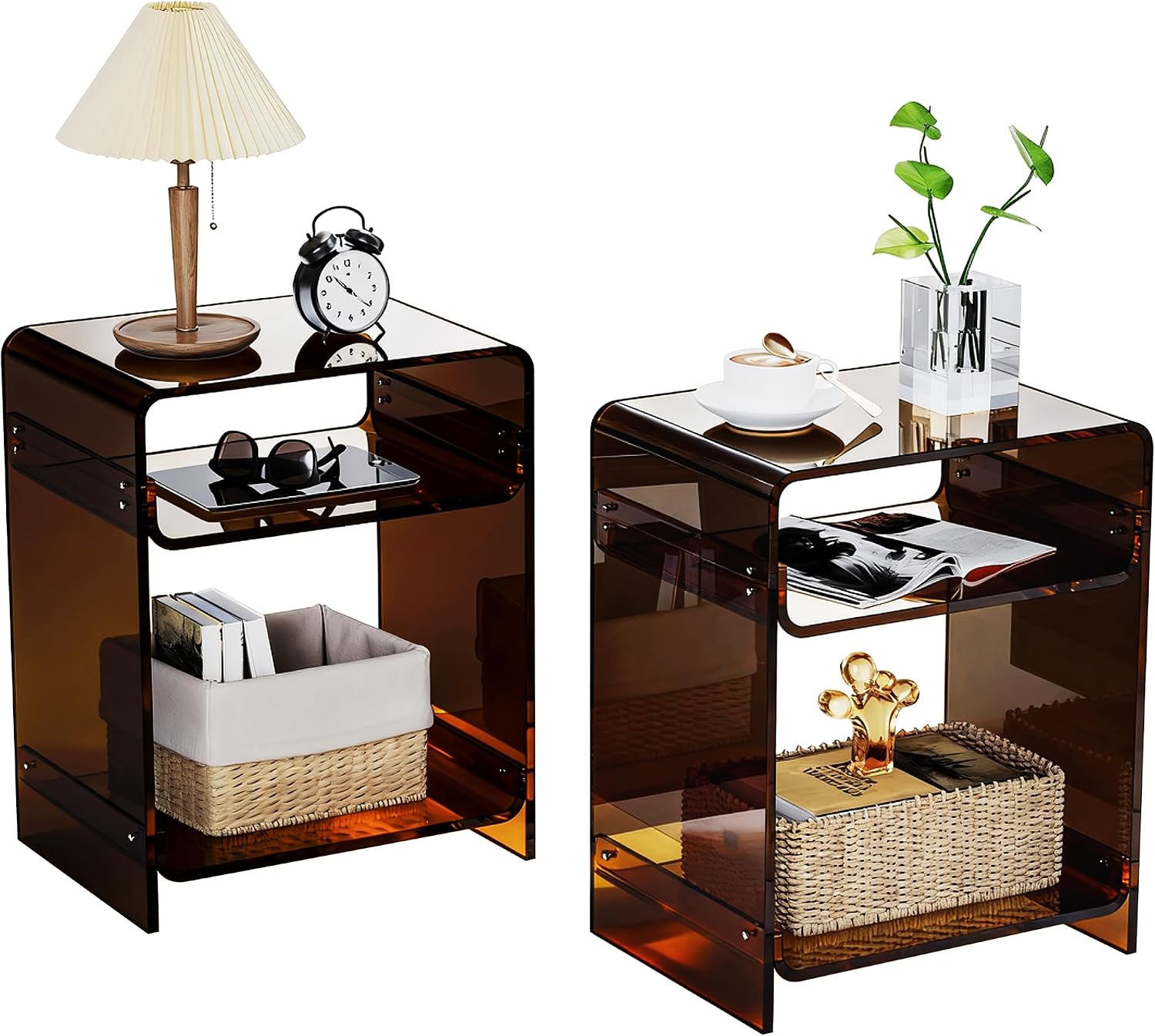 Acrylic End Table Record Player Table with Storage Shelf Clear Side Table Nightstand (Dark Brown Set of 2)