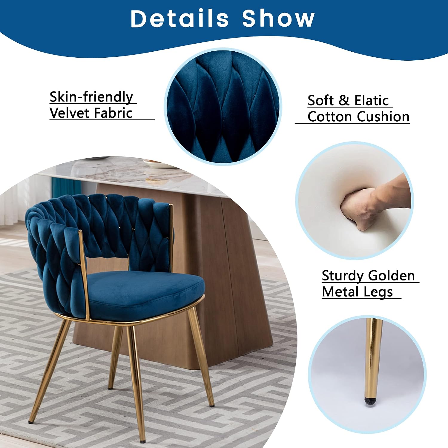 KCC Modern Velvet Dining Chairs Set of 4, Back and Golden Metal Legs, Mid-Century Accent Side Chair for Living Room, Dining Room, Kitchen, Blue