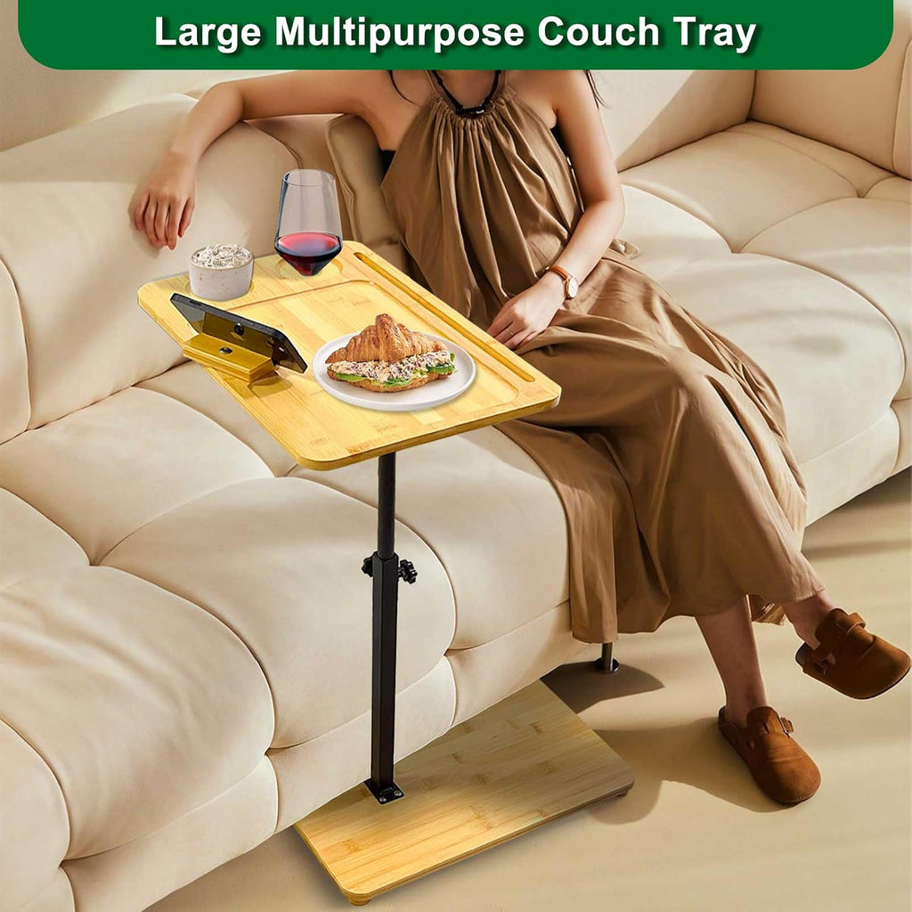 TV Tray Table 360° Swivel Sofa Couch Armrest Tray Bamboo Side Table C Shaped End Table for Small Spaces Snack Dinner Bed Eating Couch Tables That Slide Under