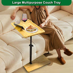 TV Tray Table 360° Swivel Sofa Couch Armrest Tray Bamboo Side Table C Shaped End Table for Small Spaces Snack Dinner Bed Eating Couch Tables That Slide Under