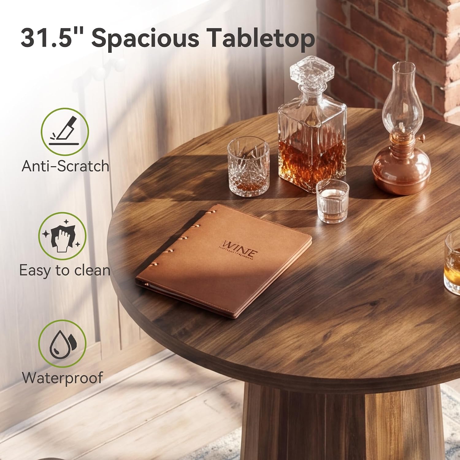LITTLE TREE 31.5'' Round Bar Table, 37.4" H Wood Pub Table with Metal Ring Footrest, Industrial Farmhouse Bar Table for Kitchen, Dining Room, Pub, Rustic Brown(Only Table)