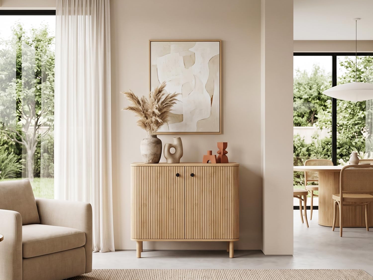 Fluted Sideboard Buffet Cabinet with Storage, 31'' Natural Oak Wood Buffet with Adjustable Shelves, Solid Wood Legs & 210° Wide-Open Door, Rounded Credenza for Kitchen & Entryway