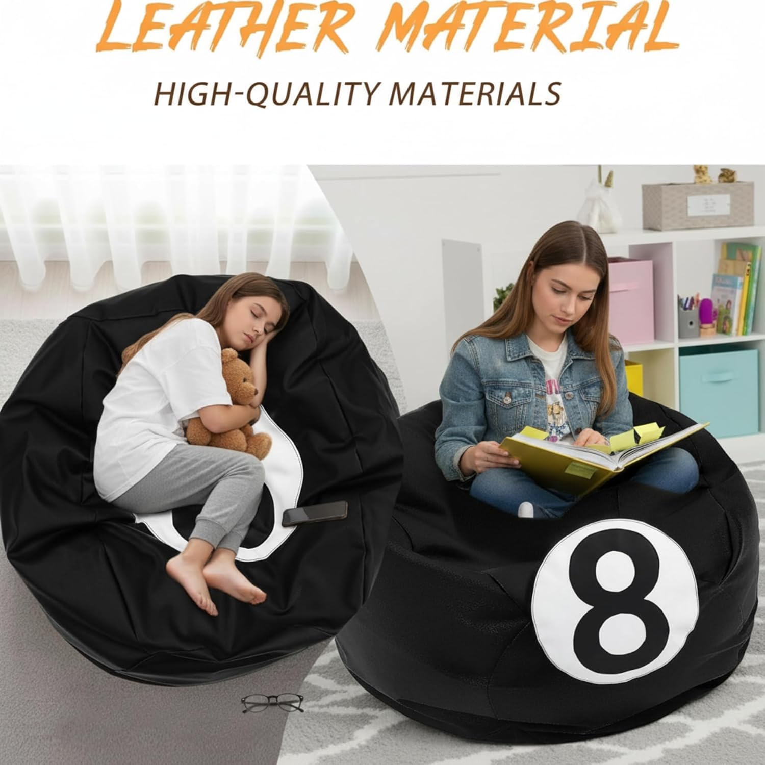 AceOrbit 8 Ball Bean Bag Chair Cover, Prize Gift Plush Toys Organizer, Black PU Leather 8 Ball Stuffed Animal Storage Bean Bag, Billiard Decor for Game Home Dorm Room Living Room (No Filling)