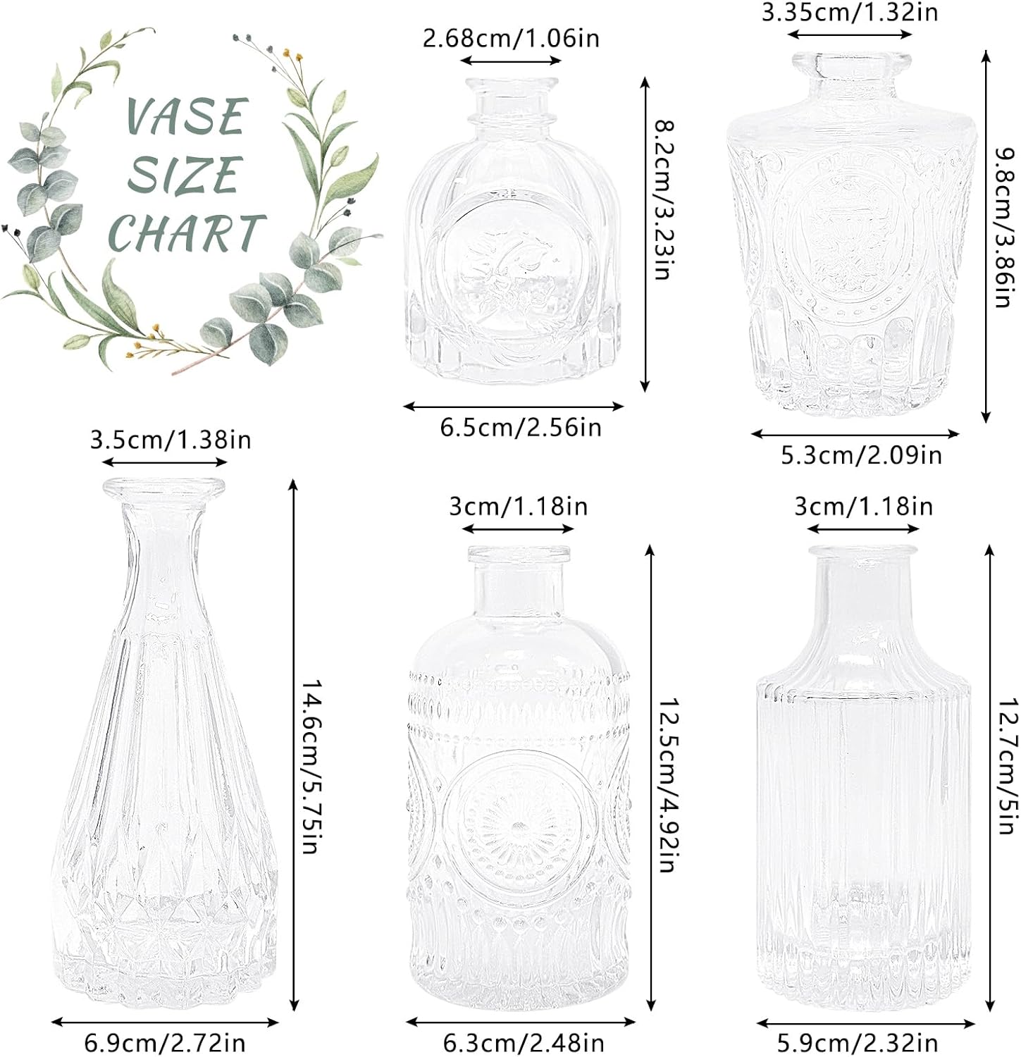 SUPMIND Glass Bud Vase Set of 5, Clear Small Flower Vases for Centerpieces in Bulk, Mini Vintage Vase for Rustic Wedding, Home,Table
