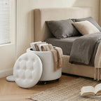 Furniliving Upholstered Button Tufted Round Ottoman with Wheels, PU Storage Ottoman Round, Removable Lid Convenient Footstools, Classic Ottoman with Storage for Vanity, Nursery Room, IvoryWhite