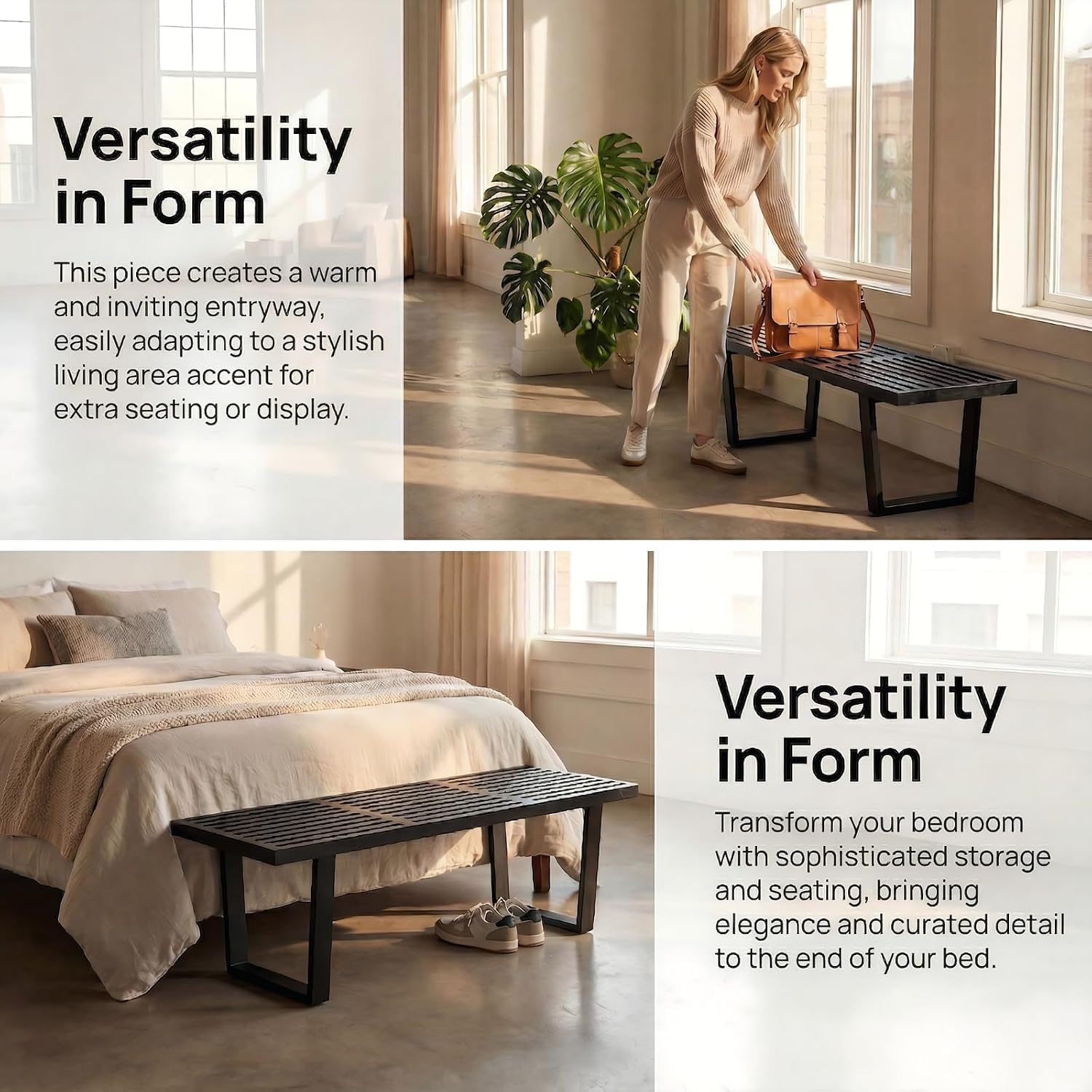 HNY Modern Entryway Bench Black Wood Minimalist Nelson Bench with Metal Legs for Bedroom Dining Room Hallway Foyer Living Room