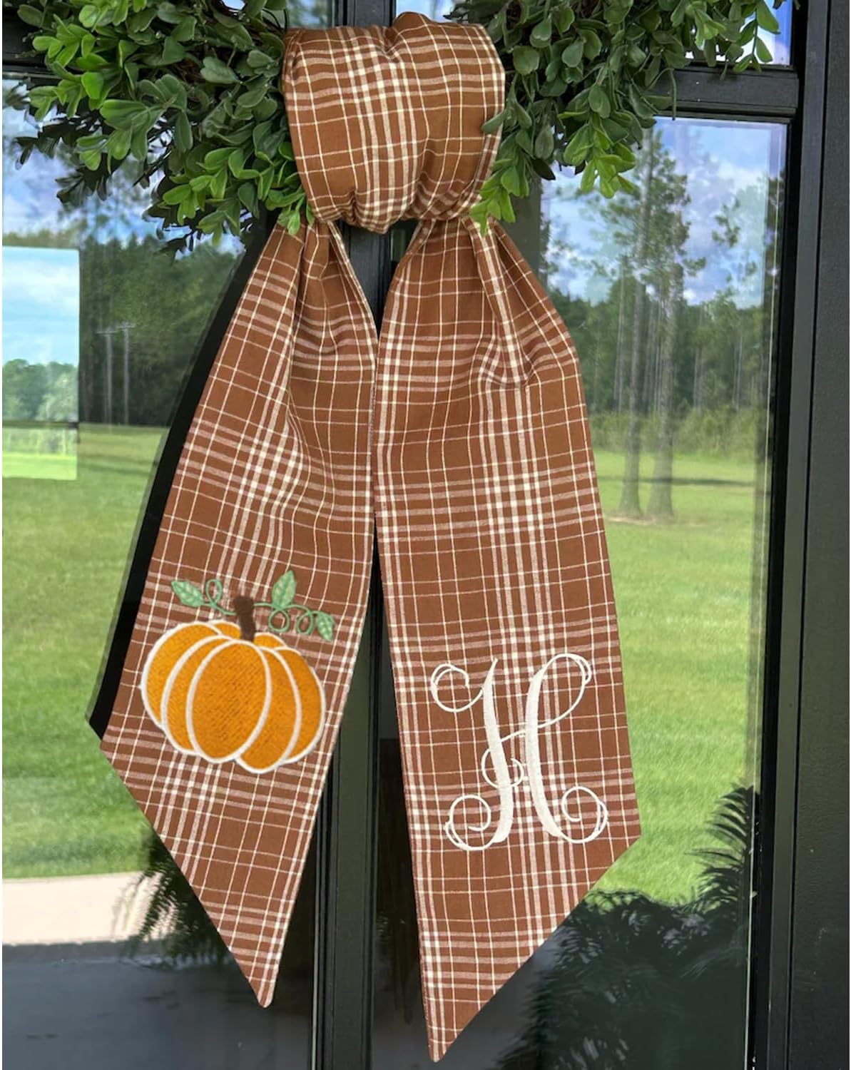 Autumn Door Wreath Sash Embroidered with White Letters and Pumpkins On A Plaid Wreath Sash Ideal for Housewarming Gifts, Autumn Thanksgiving, Halloween, and Christmas Porch Decorations -M