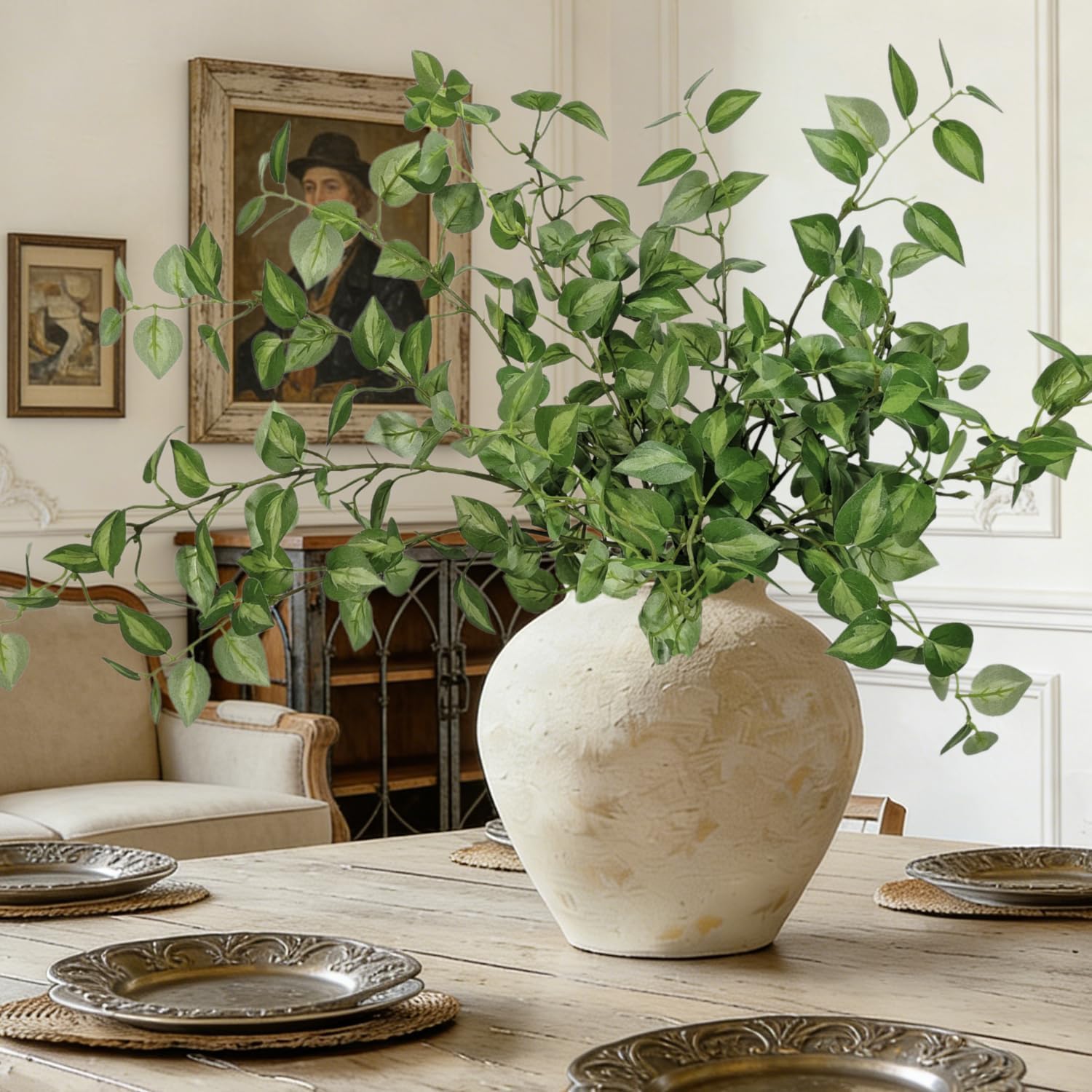6PCS 32.7inch Long Artificial Stems Faux Greenery Stems for vase Faux Green Leaves Fake Plants branches Eucalyptus Leaves Faux Pothos Stems Artificial English Ivy for Home Decor Farmhouse Aesthetic