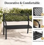 Heavy Duty Black Metal Patio Garden Bench for 2 – Durable Steel, Weather Resistant – Geometric Backrest – Ideal for Garden, Lawn, Yard Seating – Black