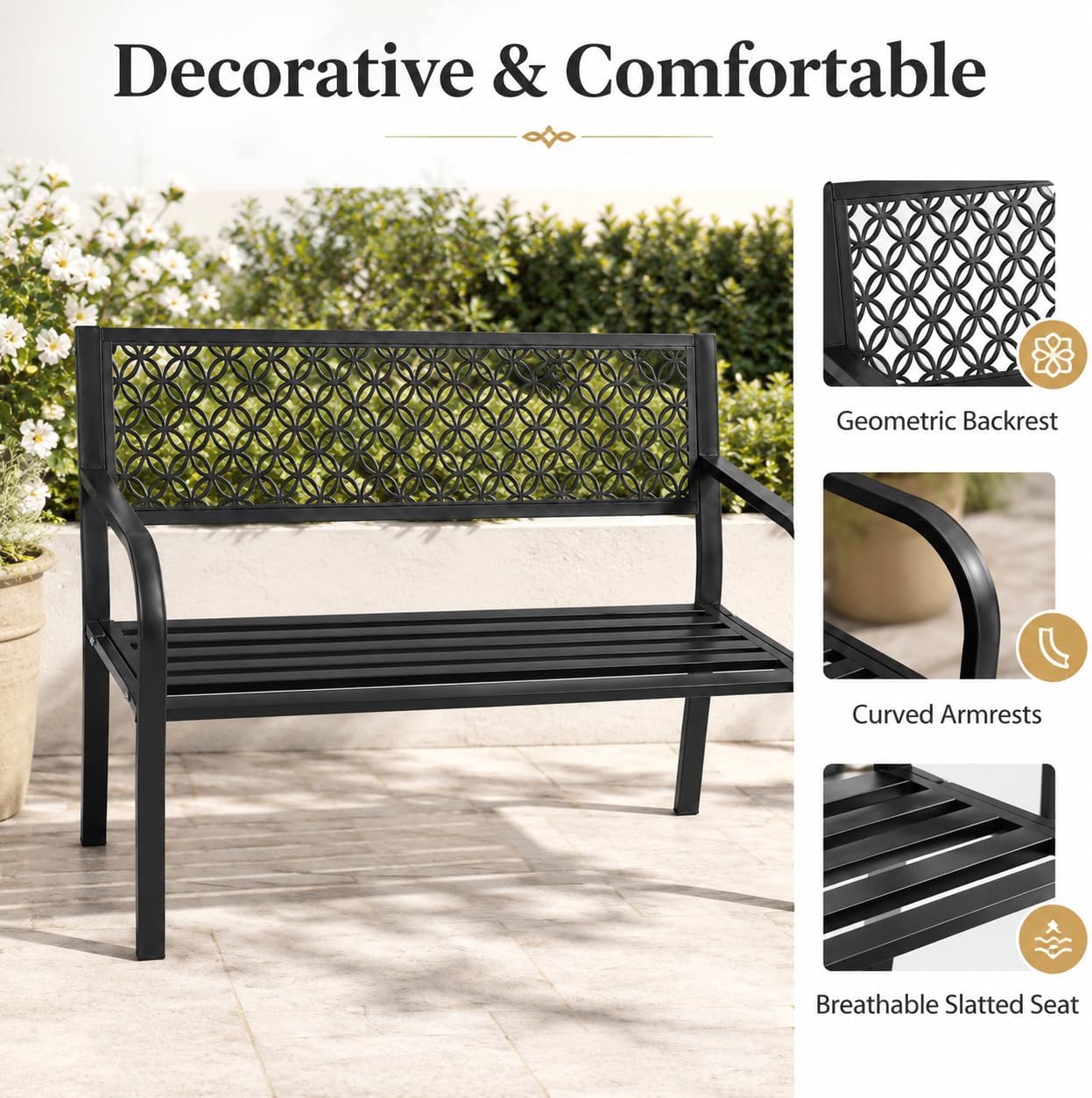 Heavy Duty Black Metal Patio Garden Bench for 2 – Durable Steel, Weather Resistant – Geometric Backrest – Ideal for Garden, Lawn, Yard Seating – Black