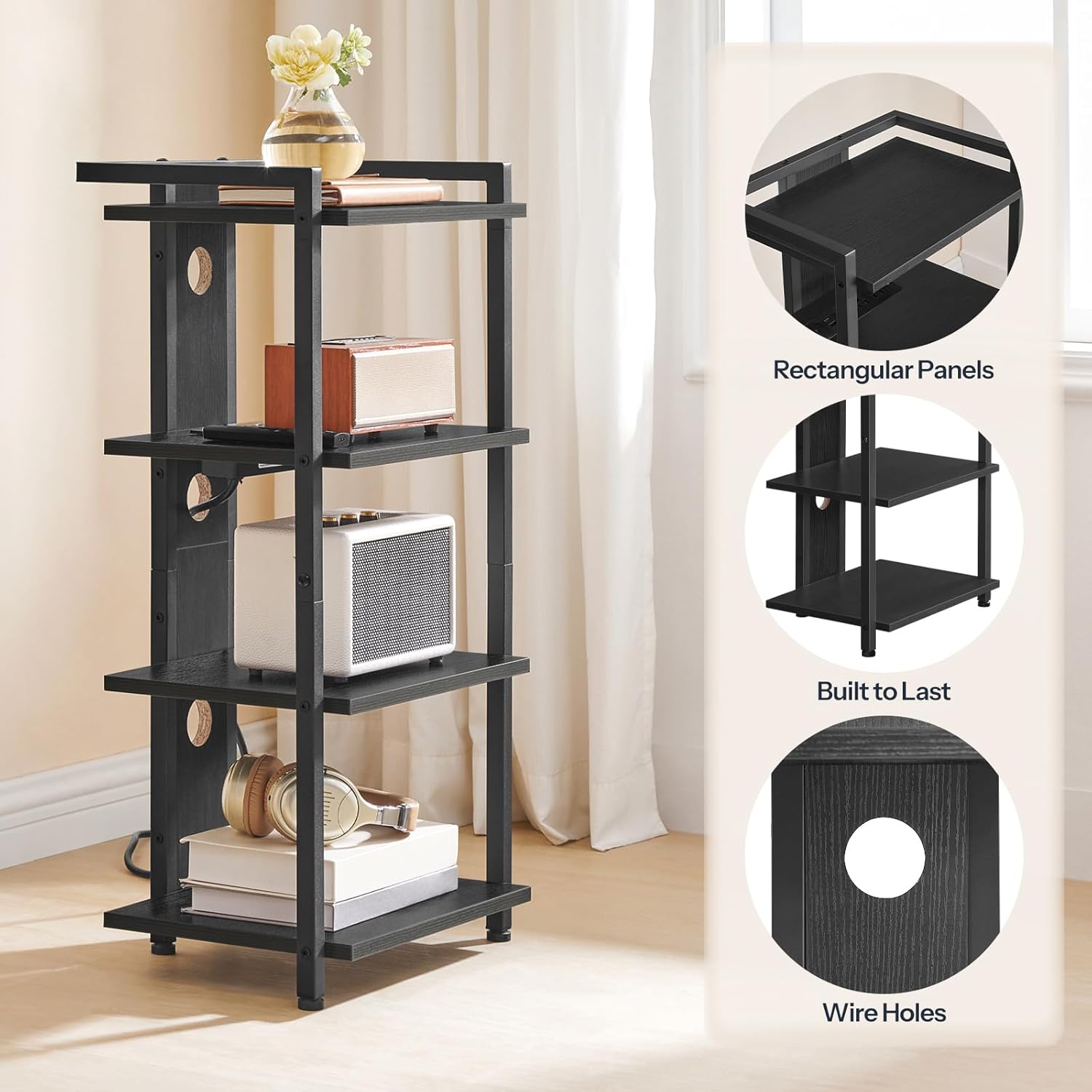HOOBRO Game Console Shelf, 4-Tier Video Gaming Consoles Stand with Outlet & RGB Light, Audio Rack Tower for Turntable, Stereo Equipment, Wooden Entertainment Storage Stand, Black BB38UDCJ01