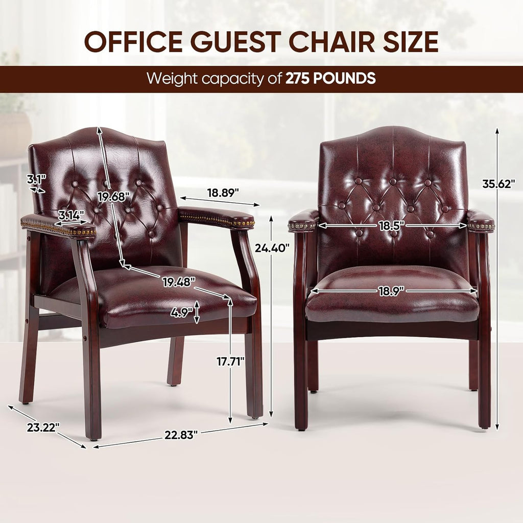 Leather Office Guest Chairs Set of 2, Ergonomic Waiting Room Chair with Arms Reception Chairs No Wheels Conference & Meeting Side Chairs Executive Furniture (Burgundy)