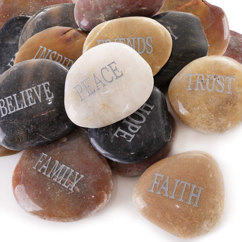 12PCS DIY Rocks for Engraved Inspirational Polished Garden Stones, Natural Encouragement Personalized Healing Decor River Stone - Unique Gift for Friends Arts Crafts (12 Different Words) (Colorful)